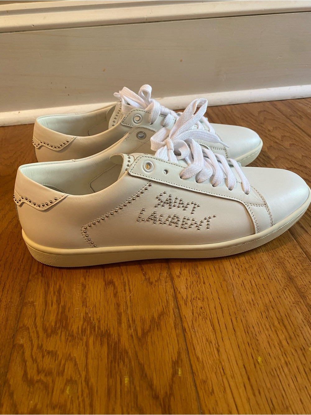 Saint Laurent White Leather Low-Top Sneakers with Stud Logo - Picture 6 of 15